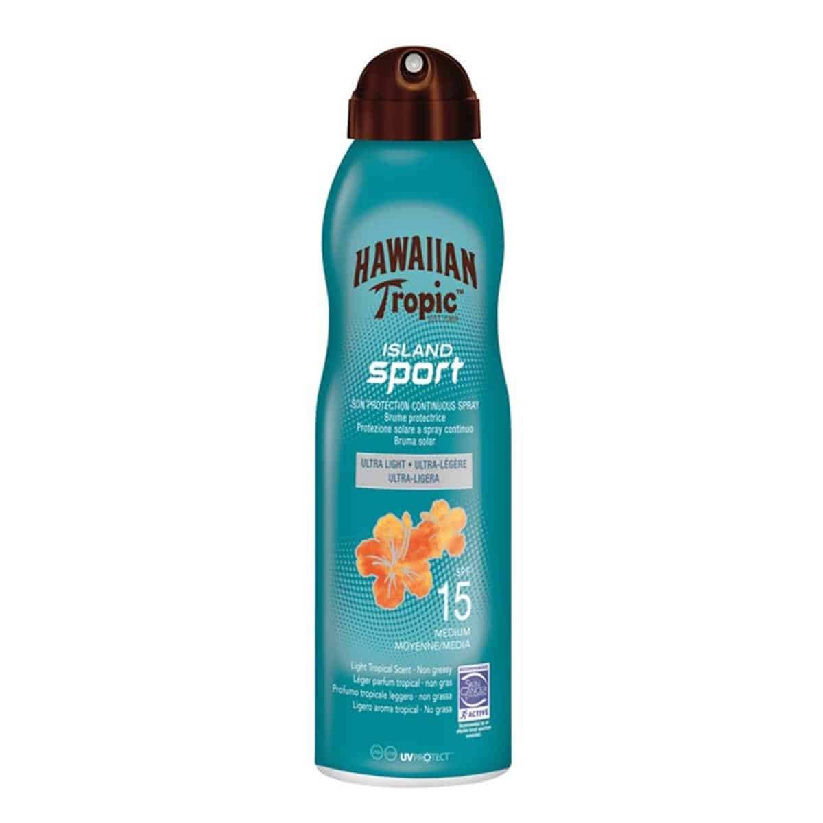 hawaiian tropic island sport sun protection continuous spray ultra light spf15 220ml