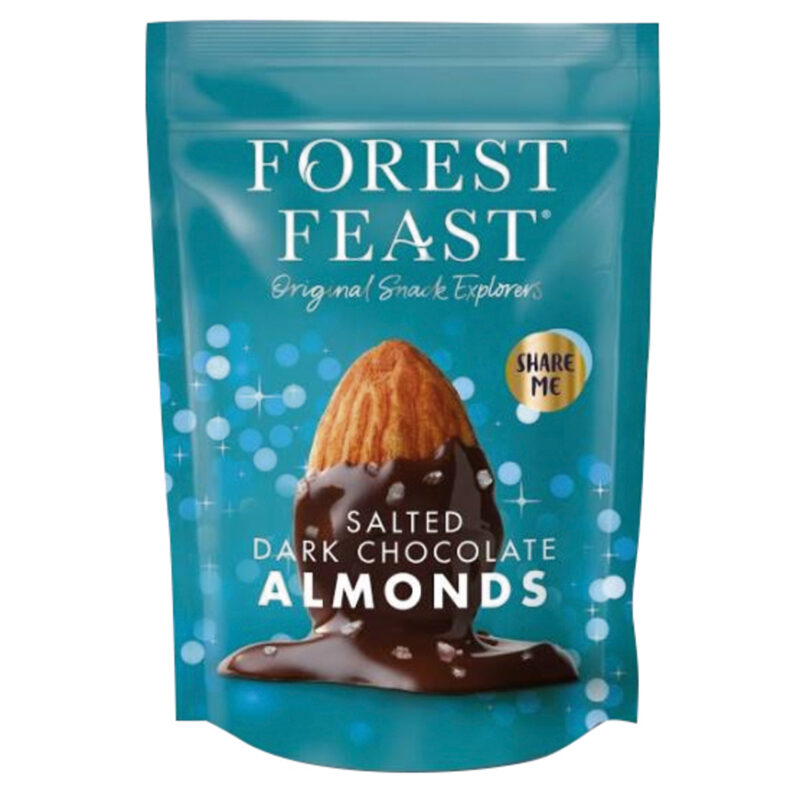 Forest Feast salted dark chocolate covered almonds in pouch