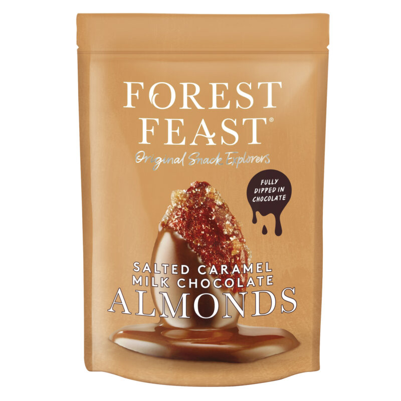 Forest Feast salted caramel milk chocolate covered almonds in pouch