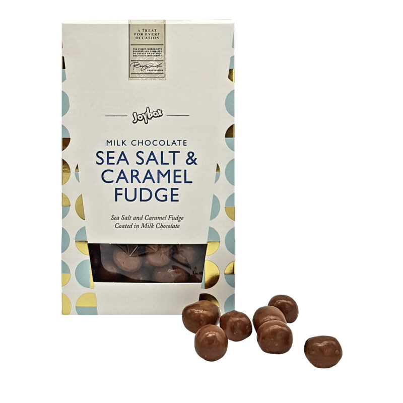 Joybox sea salt and caramel fudge coated in milk chocolate in carton