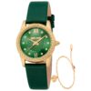 Discover the Just Cavalli Sublime Animalier set (model JC1L360L0025) featuring a 30 mm yellow‑gold metal case, bottle‑green dial and leather strap, quartz movement and bracelet complement — a bold fashion timepiece with refined character.