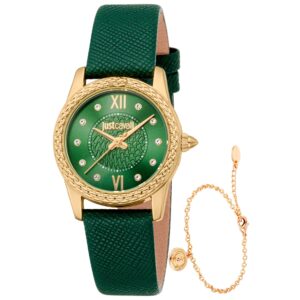 Discover the Just Cavalli Sublime Animalier set (model JC1L360L0025) featuring a 30 mm yellow‑gold metal case, bottle‑green dial and leather strap, quartz movement and bracelet complement — a bold fashion timepiece with refined character.